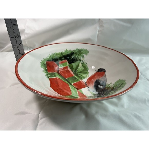 Ceramica Cuore Italy 12.5" Christmas Holiday Sparrow Serving Bowl - Red & Green - Picture 7 of 7